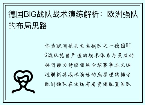 德国BIG战队战术演练解析：欧洲强队的布局思路
